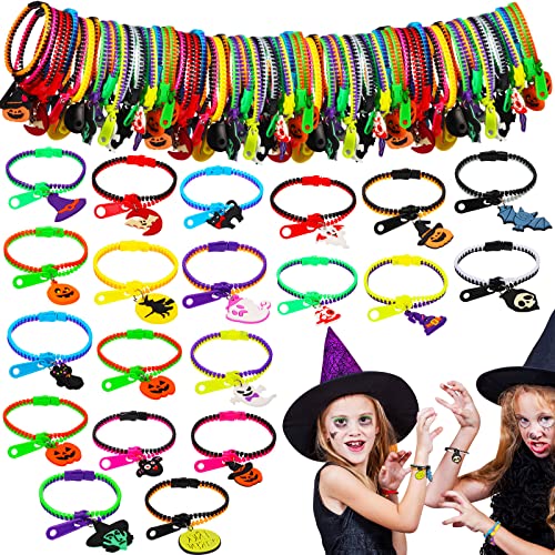 64 Pack Halloween Zipper Bracelets Bulk for Kids friendship bracelets bulk birthday Party Favor Goodie Bags Filler Halloween Basket Stuffers Trick or Treat Gifts PrizesHalloween Party Supplies