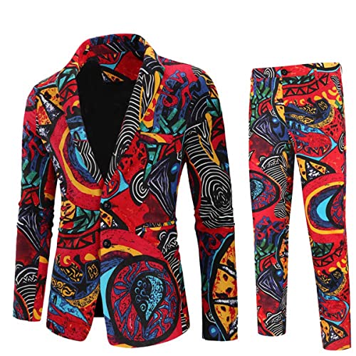 Mens 2 Piece Print Suit Floral Party Dress Jacket Slim 2 Button Blazer Pants