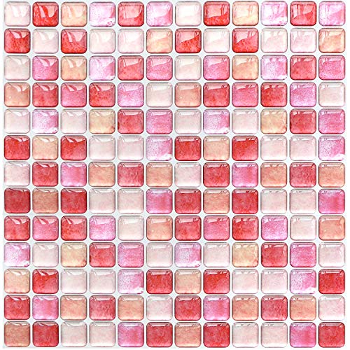 VANCORE 4 Sheets Peel and Stick Tile Backsplash for Kitchen Bathroom Self Adhesive 3D Mosaic Wall Sticker Decorative Tiles Pink